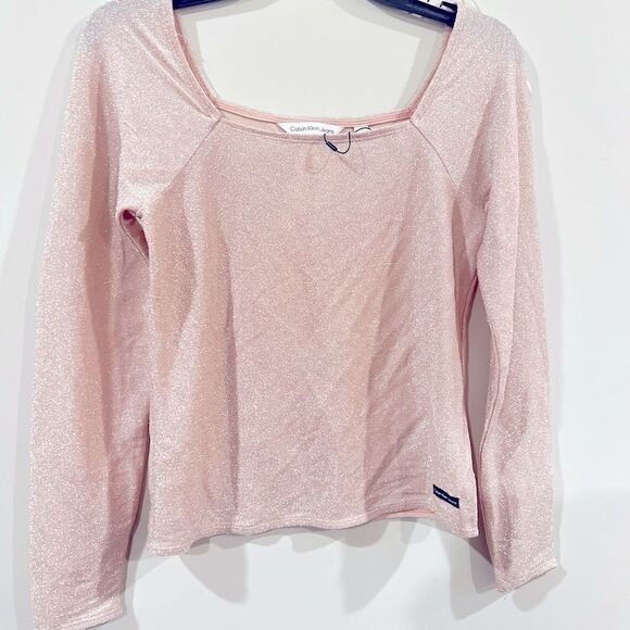 Calvin Klein Jeans Square-Neck Shimmer Long-Sleeve Top, Sparkle Party, shirt - Picture 9 of 14